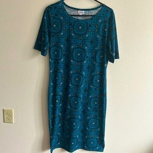 LuLaRoe Green Geometric Polyester/Spandex Short Sleeve Midi Dress...SIZE: L